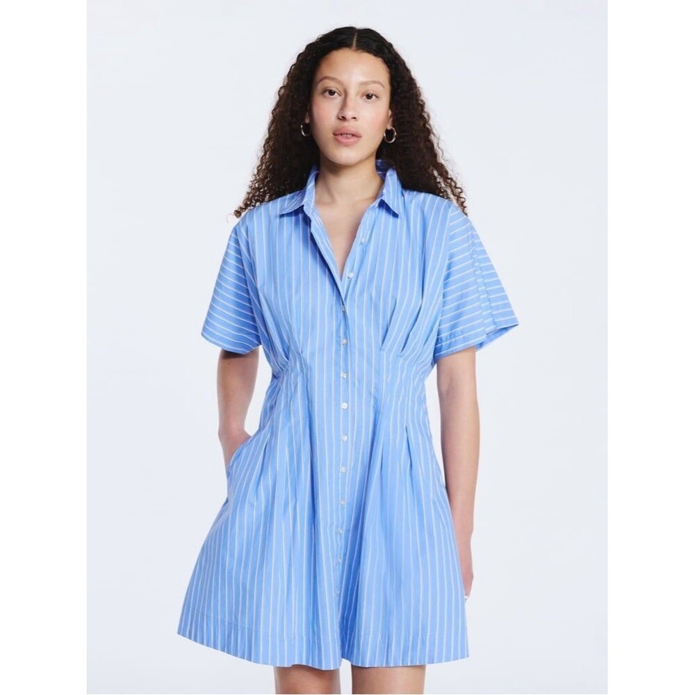 Blue Stripe Short-Sleeve Shirt Dress - Women